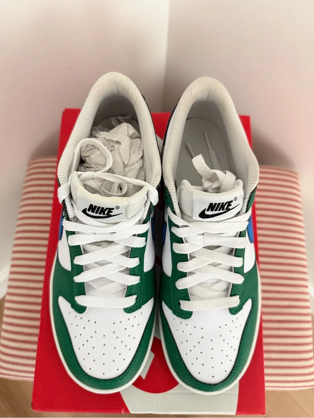 Nike Kids Low-Top Sneakers — White, Green & Red with Blue Swoosh